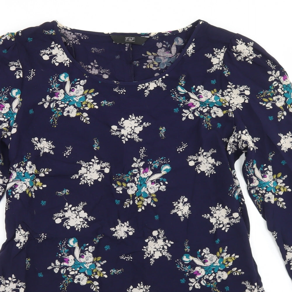 F&F Womens Blue Floral Viscose Basic Blouse Size 12 Round Neck