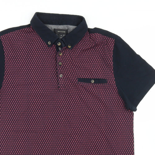 River Island Mens Multicoloured Geometric Cotton  Polo Size M Collared Button