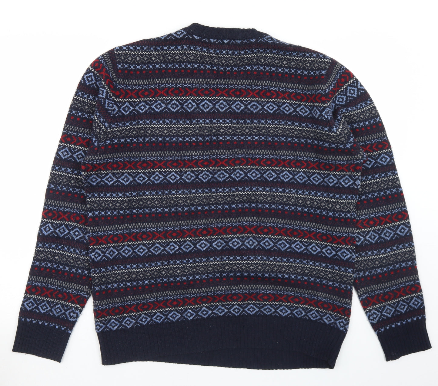 Marks and Spencer Mens Blue Crew Neck Fair Isle Wool Pullover Jumper Size M