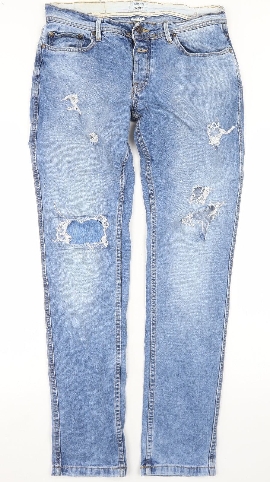 Pull & Bear Mens Blue  Cotton Skinny Jeans Size 32 in L32 in Regular Button