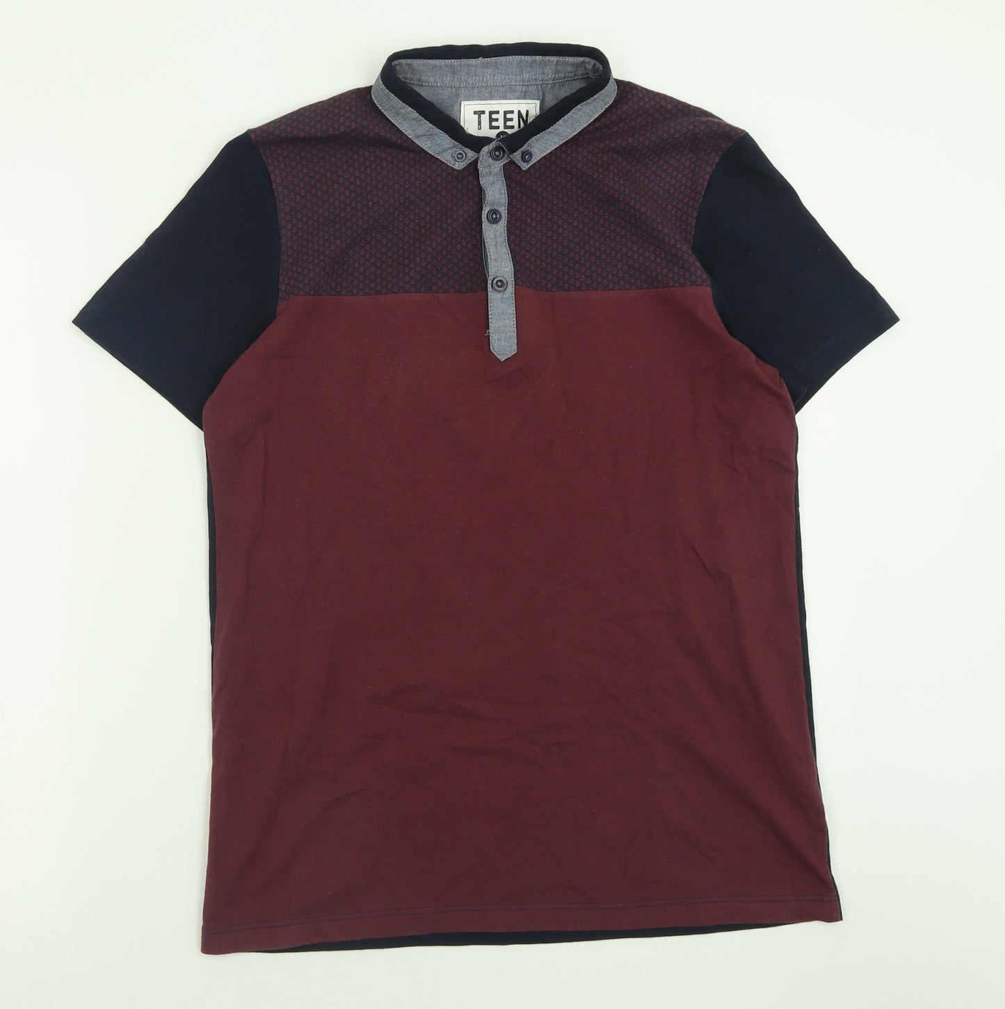 Matalan Boys Red Geometric Cotton Basic Polo Size 14 Years Collared Button