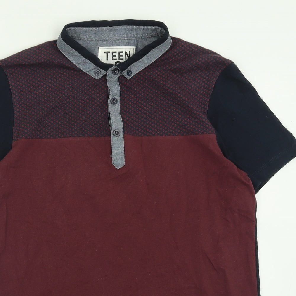 Matalan Boys Red Geometric Cotton Basic Polo Size 14 Years Collared Button