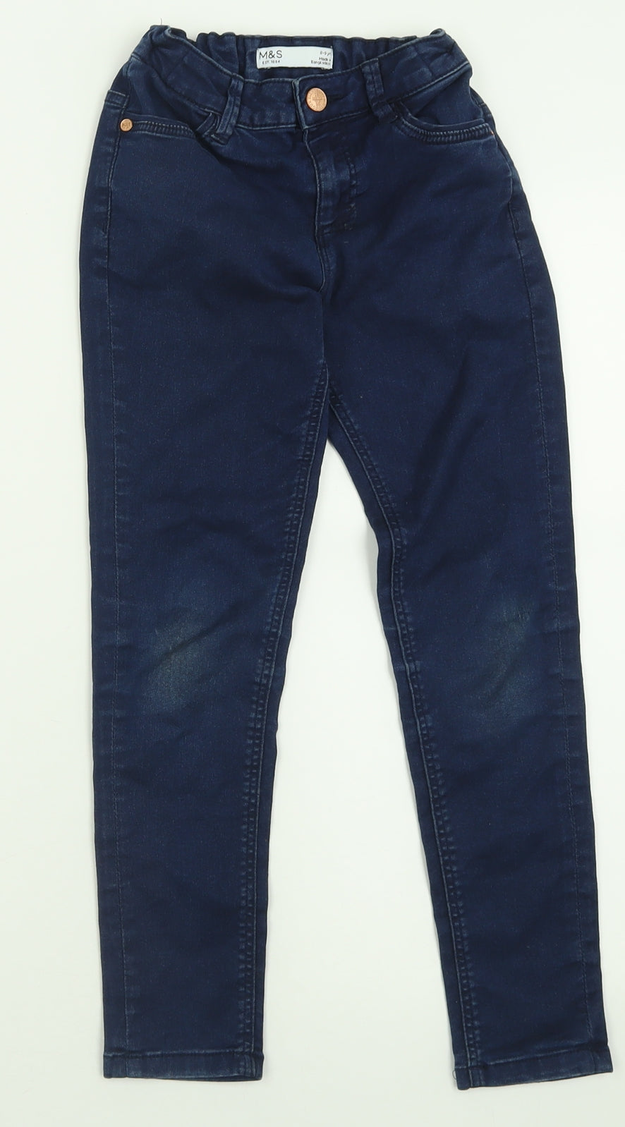 Marks and Spencer Girls Blue  Cotton Straight Jeans Size 8-9 Years  Regular Button