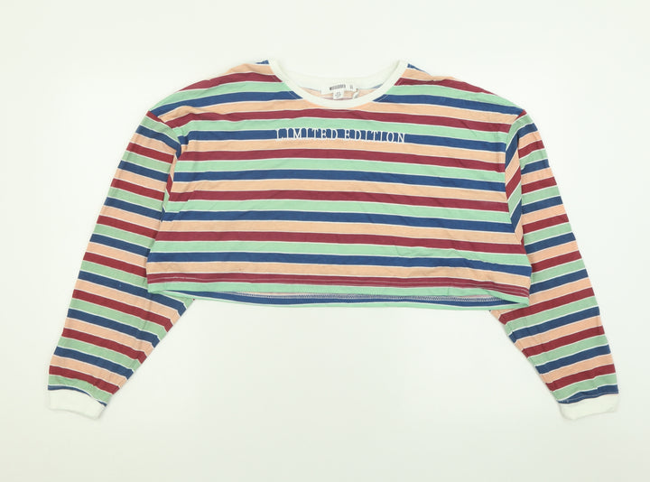 Missguided Womens Multicoloured Striped Polyester Cropped T-Shirt Size 8 Crew Neck