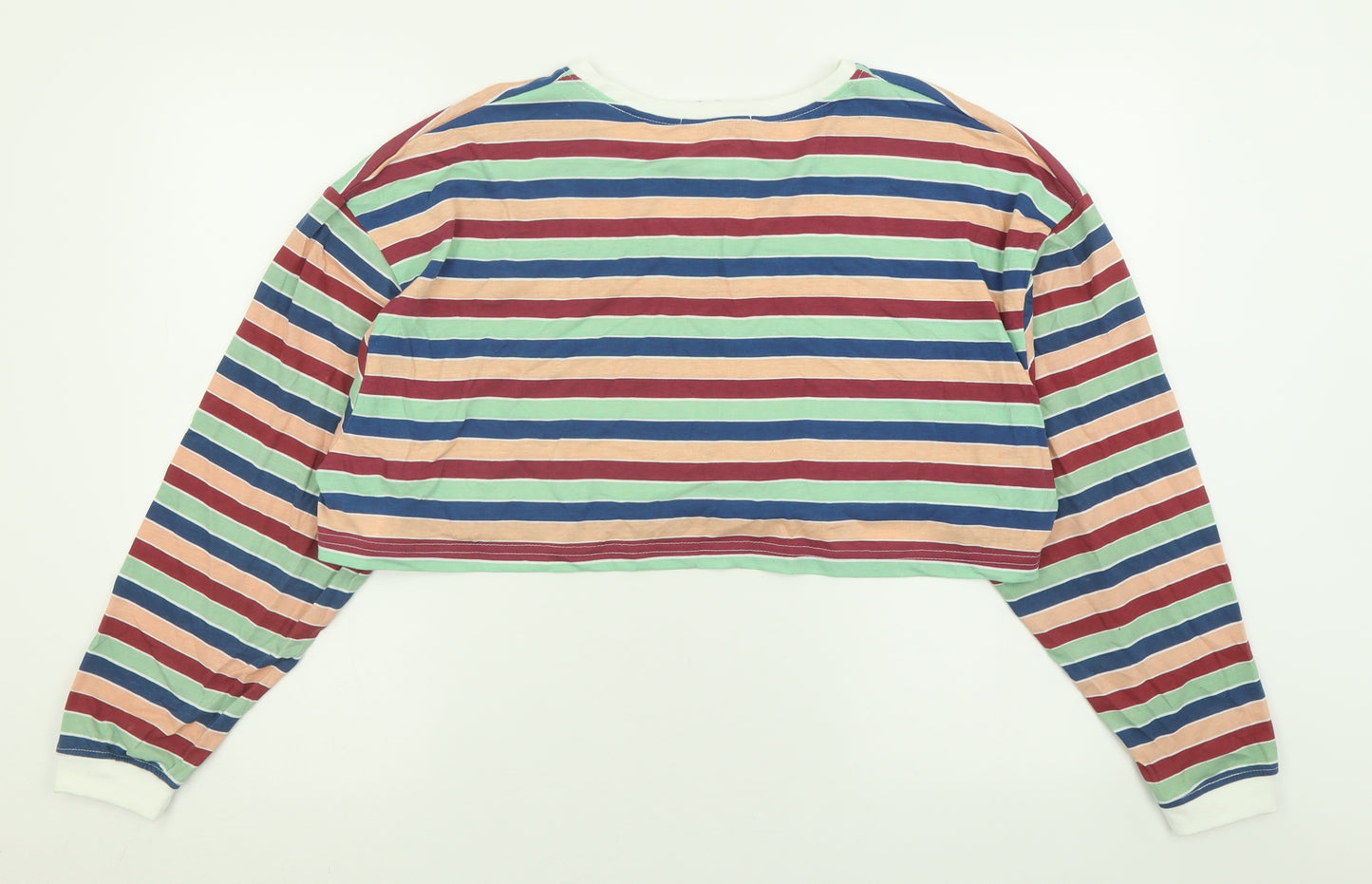 Missguided Womens Multicoloured Striped Polyester Cropped T-Shirt Size 8 Crew Neck