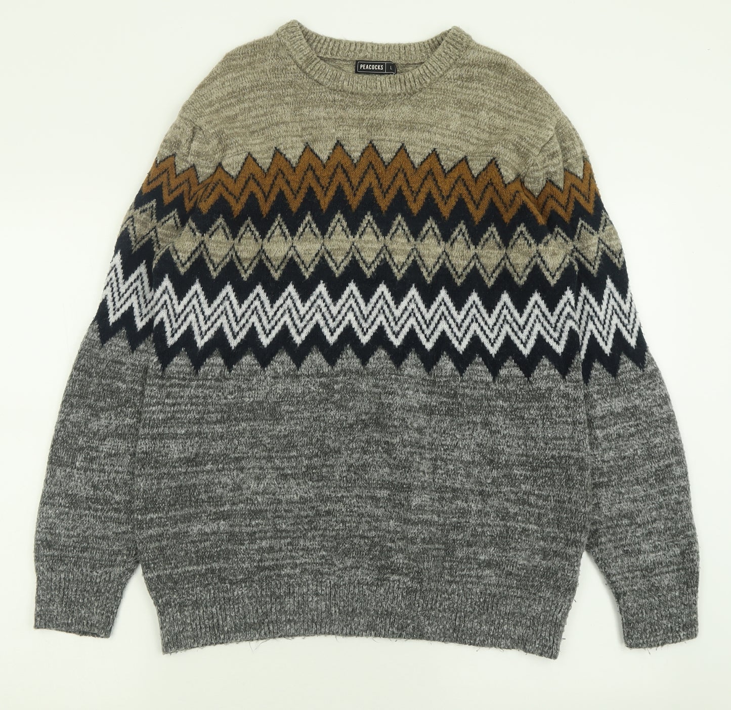 Peacocks Mens Grey Crew Neck Geometric Cotton Pullover Jumper Size L