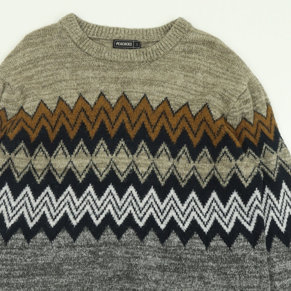 Peacocks Mens Grey Crew Neck Geometric Cotton Pullover Jumper Size L