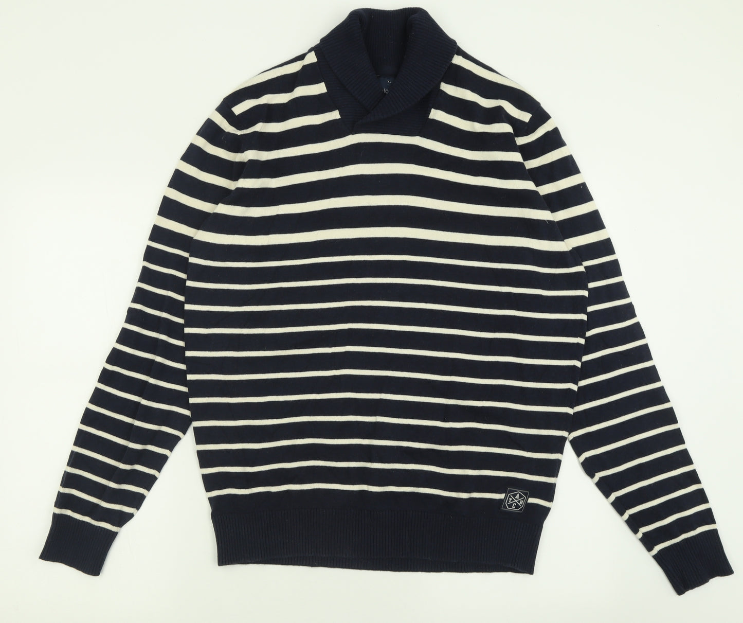 Angelo Letrico Mens Blue V-Neck Striped Cotton Pullover Jumper Size XL