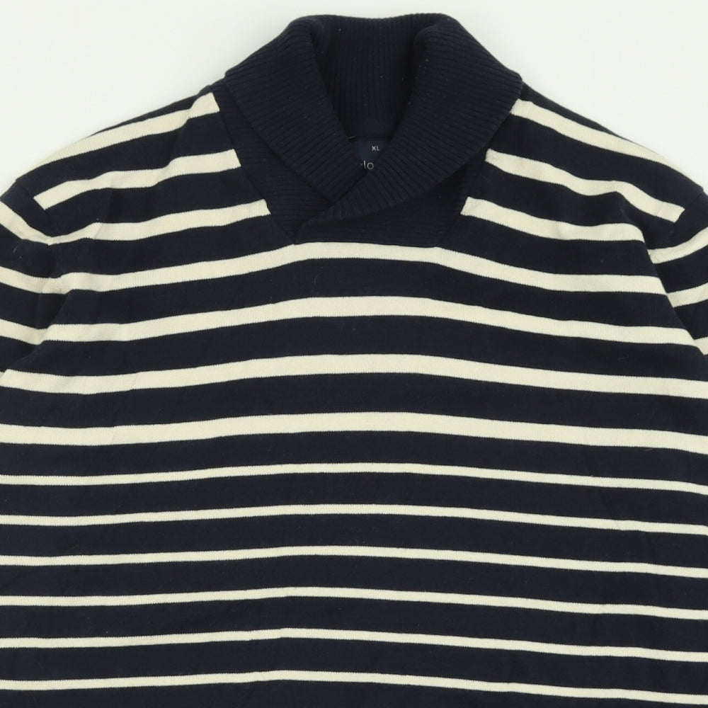 Angelo Letrico Mens Blue V-Neck Striped Cotton Pullover Jumper Size XL
