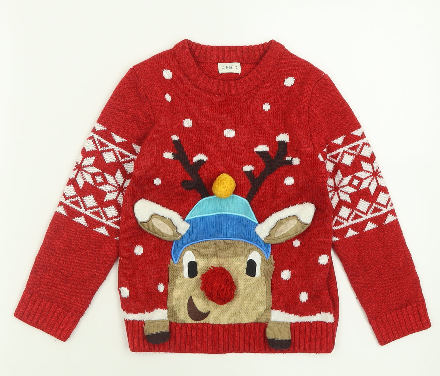 F&F Boys Red Crew Neck Geometric Acrylic Pullover Jumper Size 4-5 Years  Pullover - Christmas  Jumper