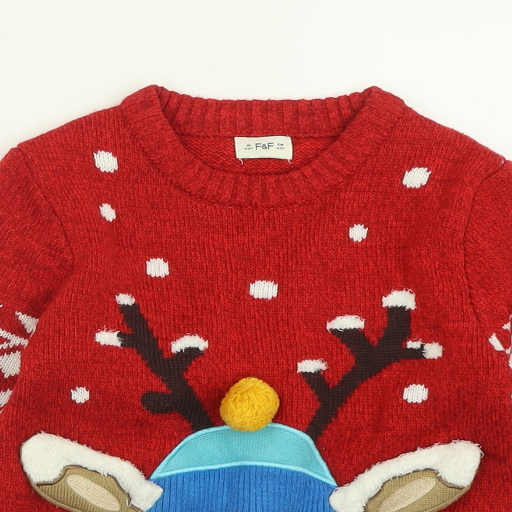 F&F Boys Red Crew Neck Geometric Acrylic Pullover Jumper Size 4-5 Years  Pullover - Christmas  Jumper