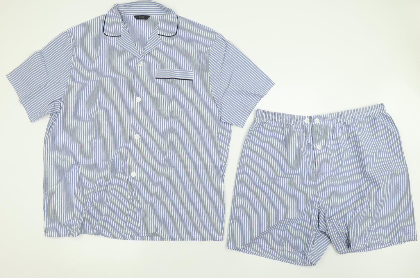 Marks and Spencer Mens Blue Striped Cotton  Pyjama Set Size XL  Button - Short Pyjama Set
