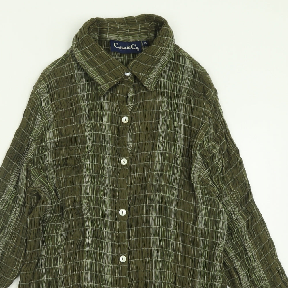 Casual & Co Womens Green Striped Cotton Basic Button-Up Size XL Collared