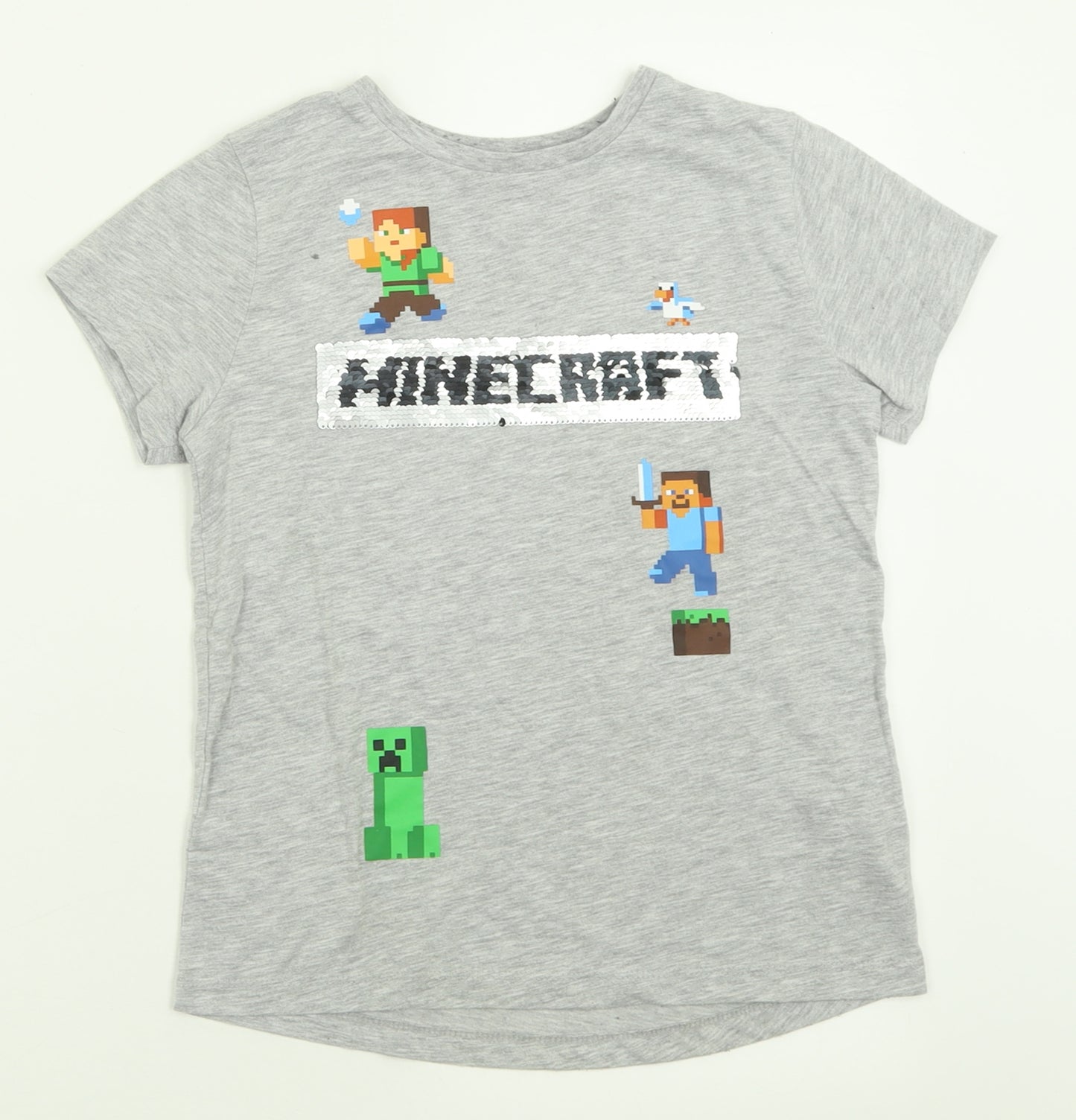 Primark Boys Grey  Polyester Basic T-Shirt Size 8-9 Years Crew Neck Pullover - Minecraft