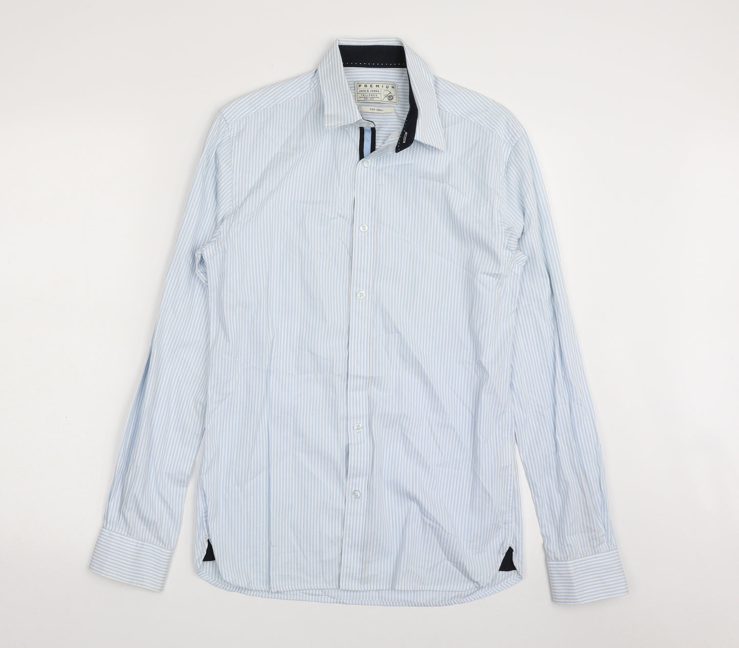 JACK & JONES Mens Blue Striped 100% Cotton  Dress Shirt Size S Collared Button