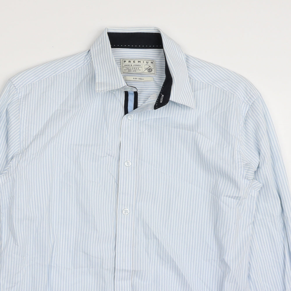 JACK & JONES Mens Blue Striped 100% Cotton  Dress Shirt Size S Collared Button