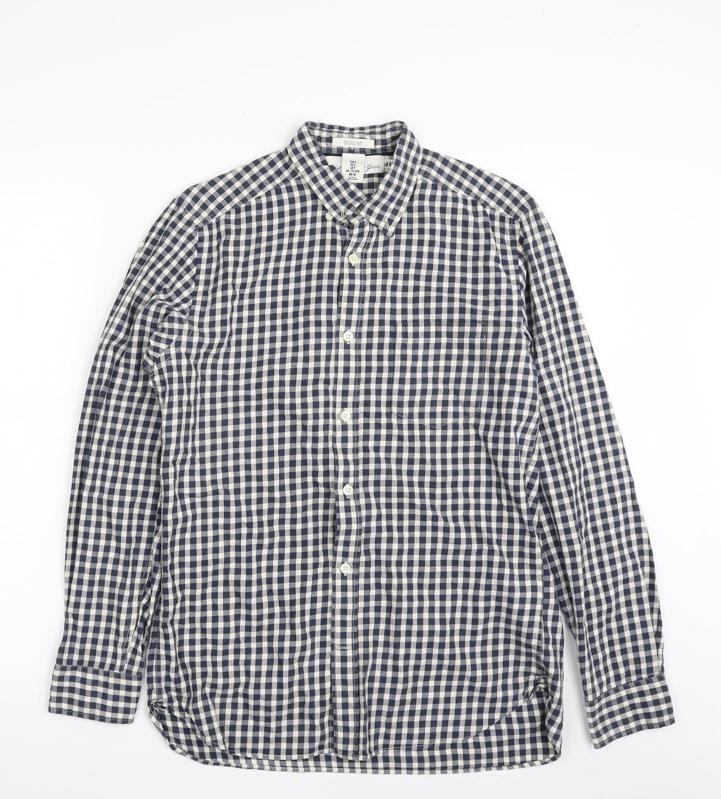 H&M Mens Blue Check Cotton  Button-Up Size S Collared Button