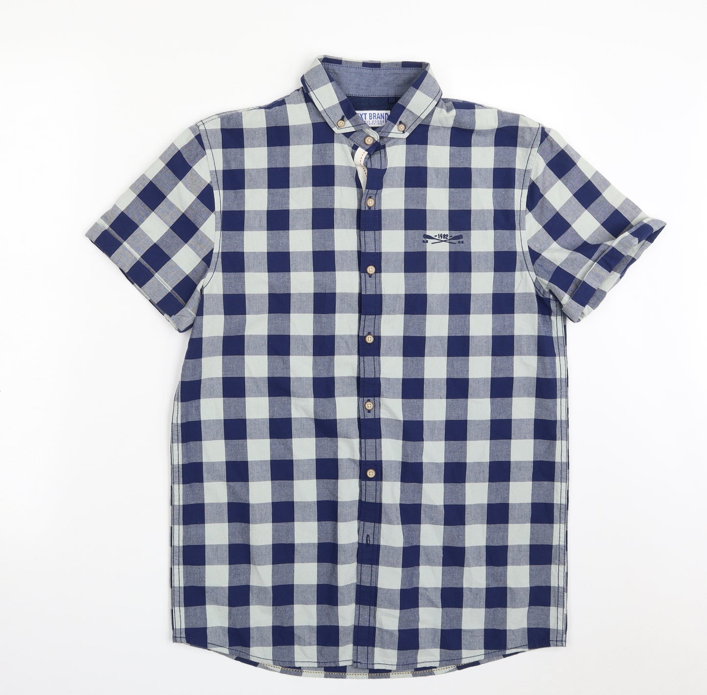 NEXT Boys Blue Check 100% Cotton Basic Button-Up Size 14 Years Collared Button