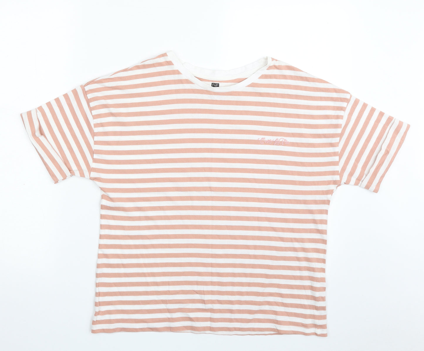 F&F Womens Pink Striped 100% Cotton Basic T-Shirt Size 10 Crew Neck - C'est la Vie
