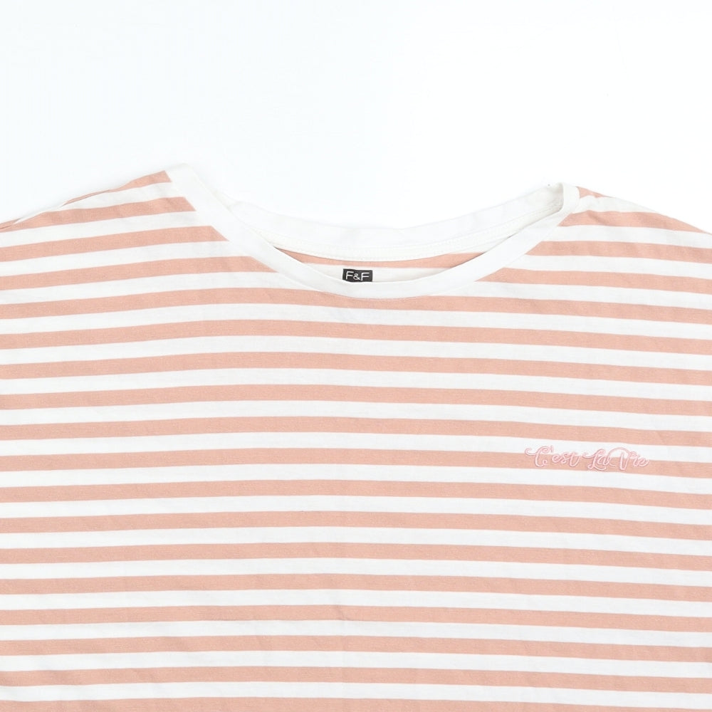 F&F Womens Pink Striped 100% Cotton Basic T-Shirt Size 10 Crew Neck - C'est la Vie