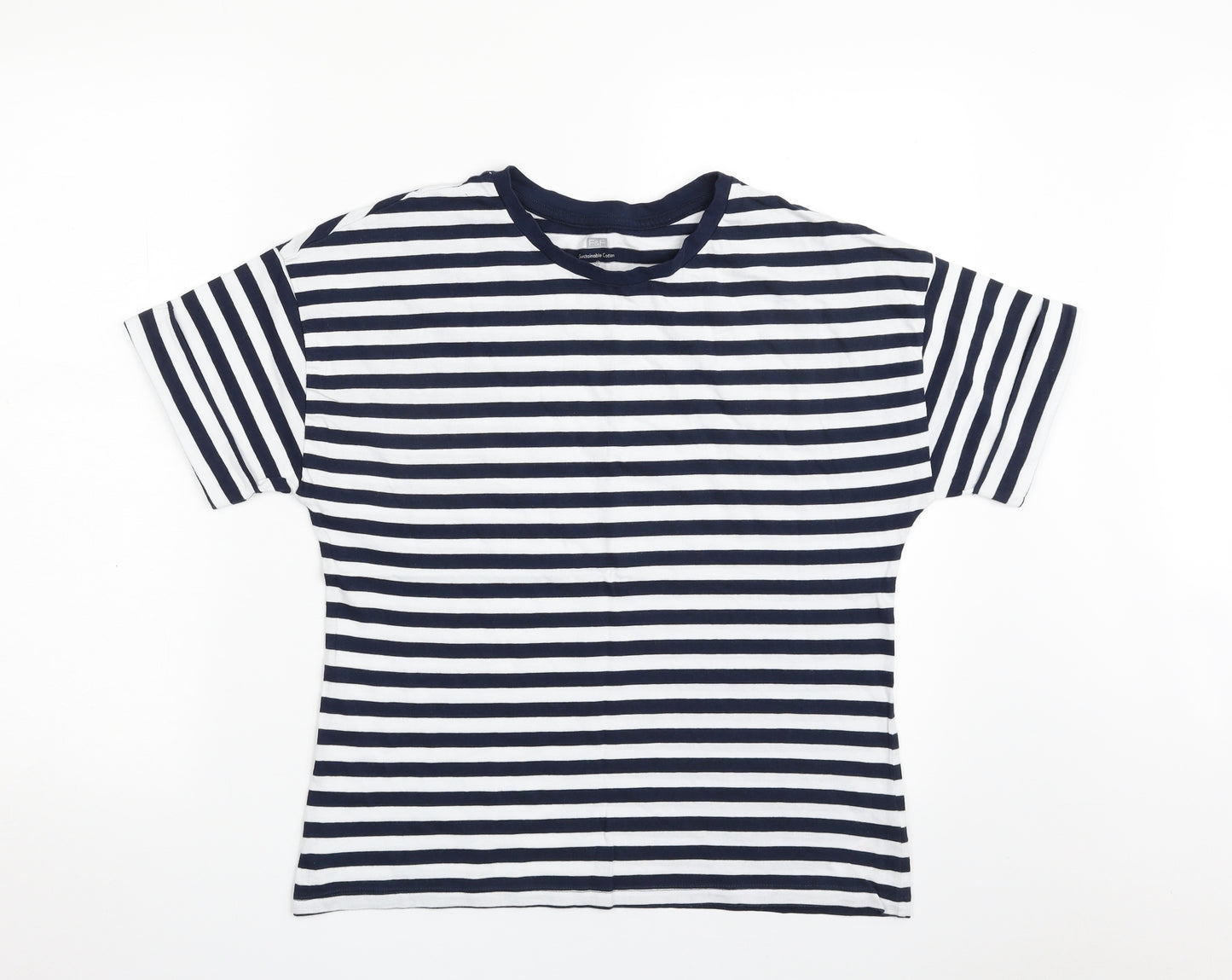 F&F Womens Blue Striped 100% Cotton Basic T-Shirt Size 10 Crew Neck