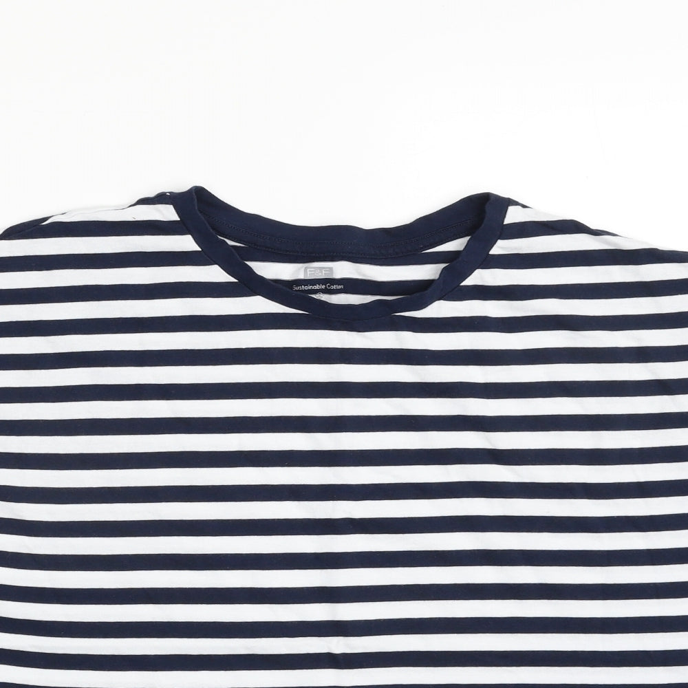 F&F Womens Blue Striped 100% Cotton Basic T-Shirt Size 10 Crew Neck