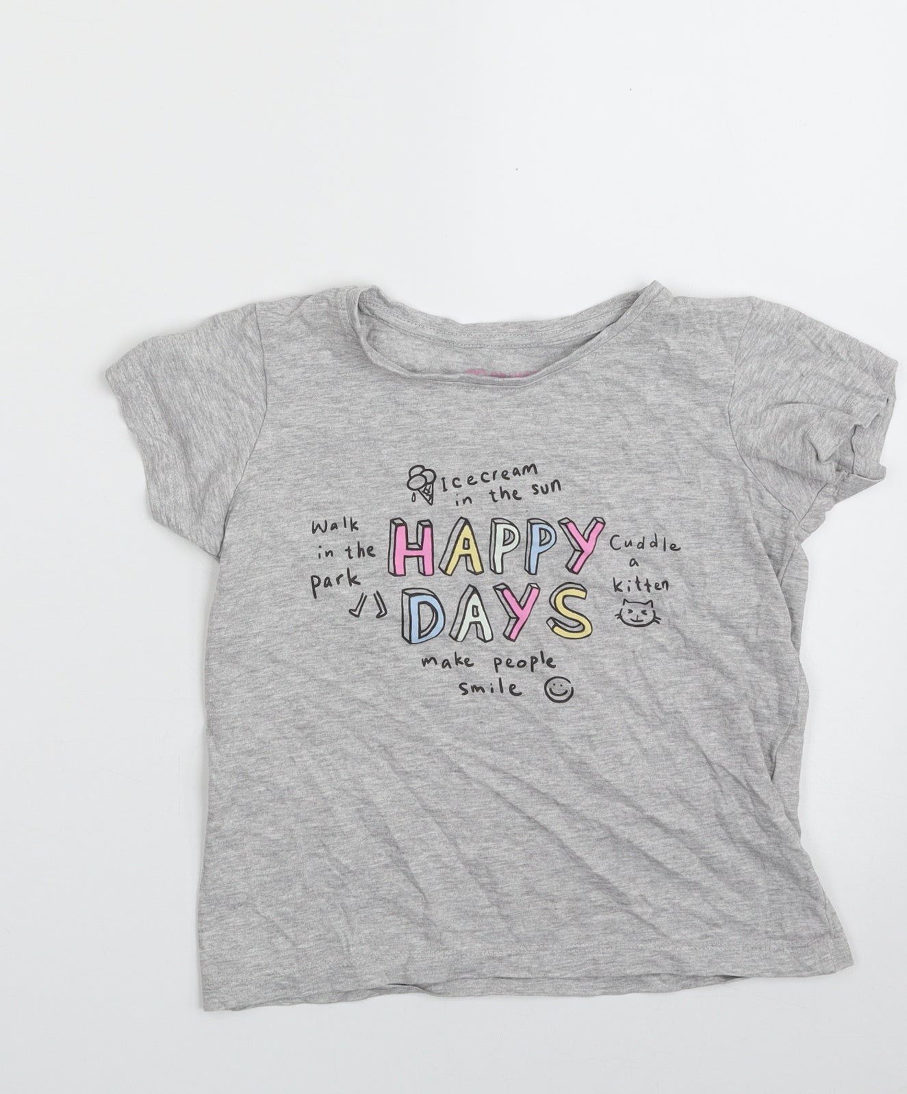 Primark Girls Grey  Cotton Pullover T-Shirt Size 6-7 Years Crew Neck Pullover - Happy Days