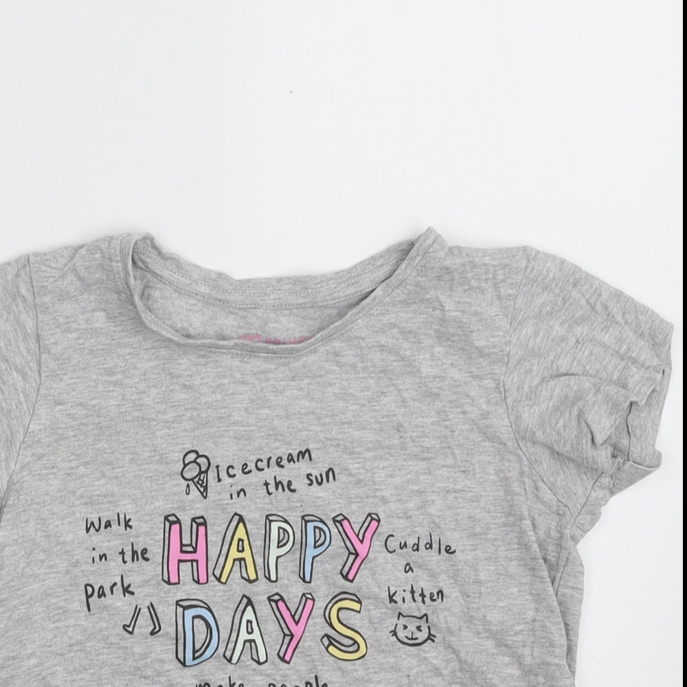 Primark Girls Grey  Cotton Pullover T-Shirt Size 6-7 Years Crew Neck Pullover - Happy Days
