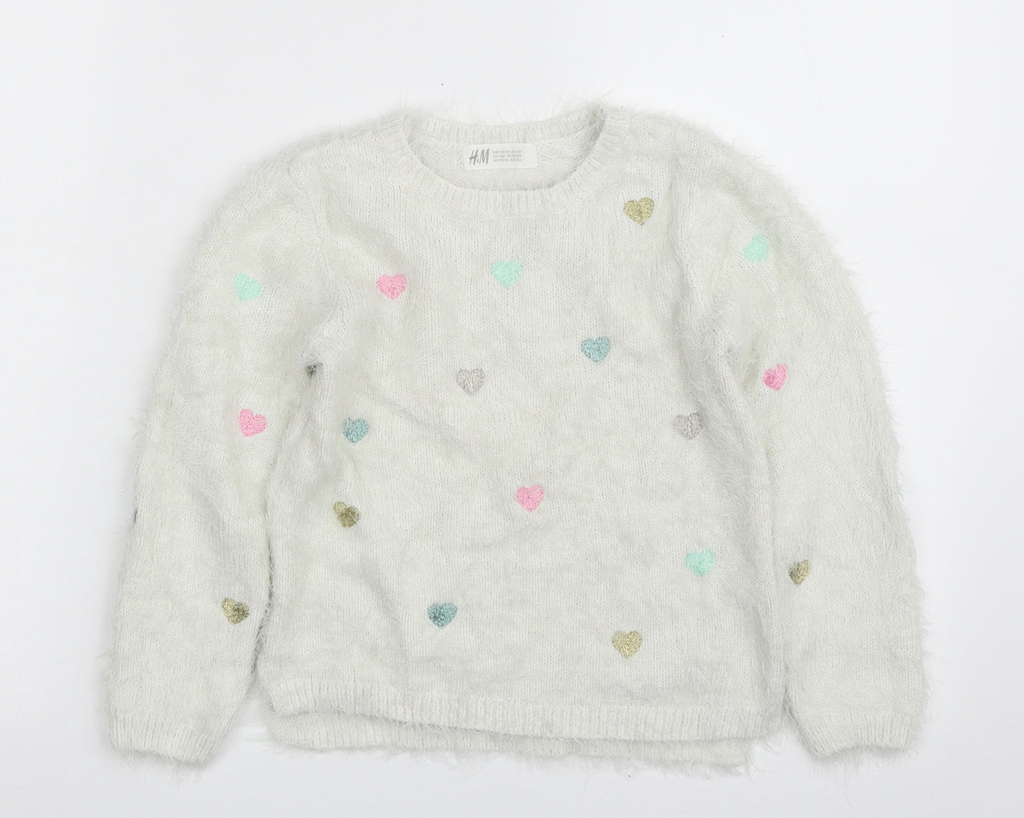 H&M Girls White Crew Neck  Polyamide Pullover Jumper Size 4-5 Years  Pullover - Love Heart