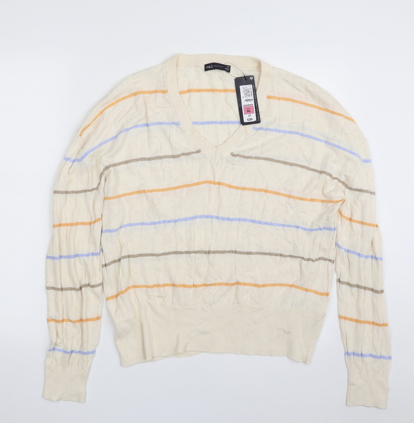Marks and Spencer Womens Beige V-Neck Striped Viscose Pullover Jumper Size XL