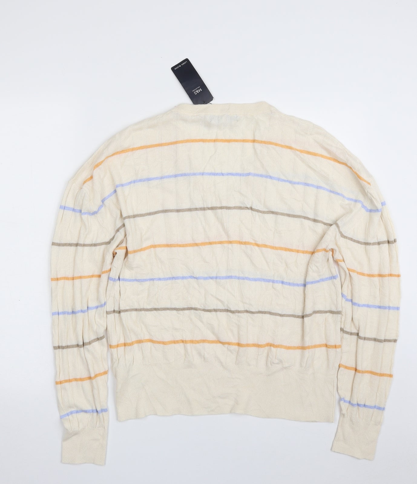 Marks and Spencer Womens Beige V-Neck Striped Viscose Pullover Jumper Size XL