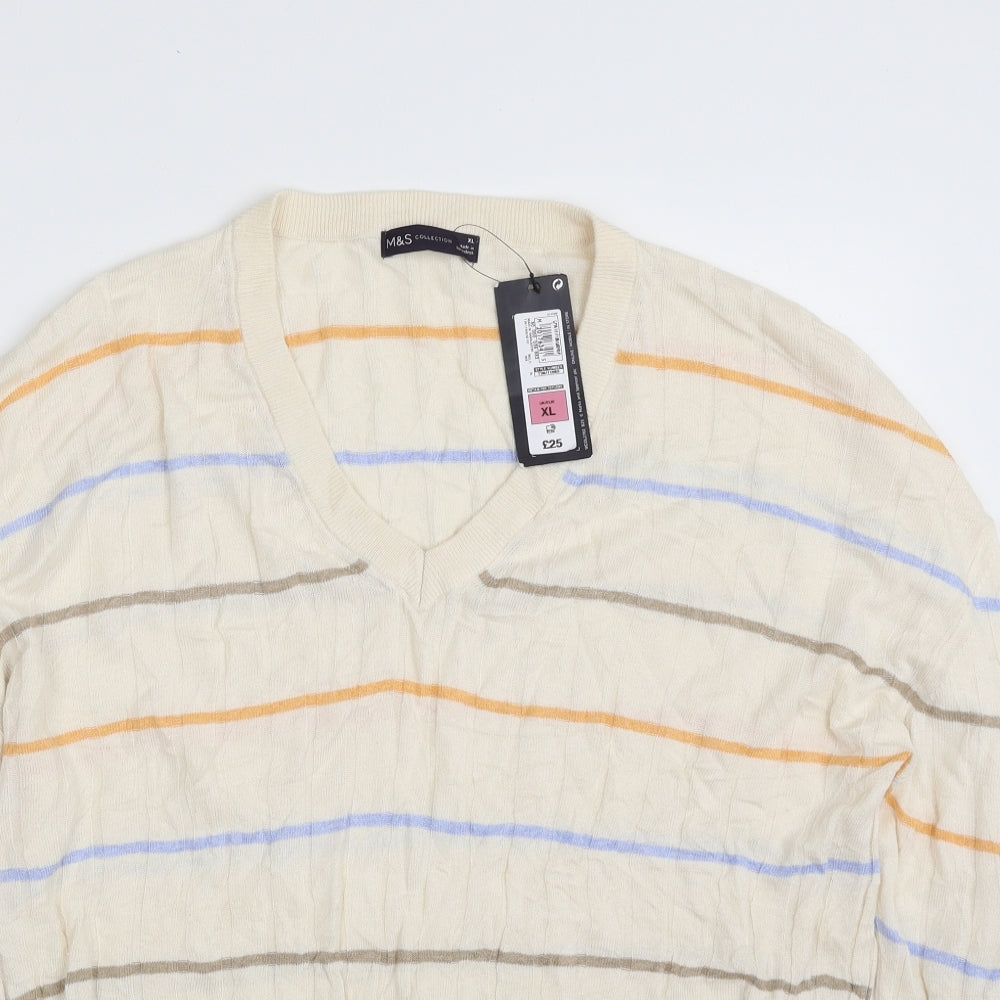 Marks and Spencer Womens Beige V-Neck Striped Viscose Pullover Jumper Size XL