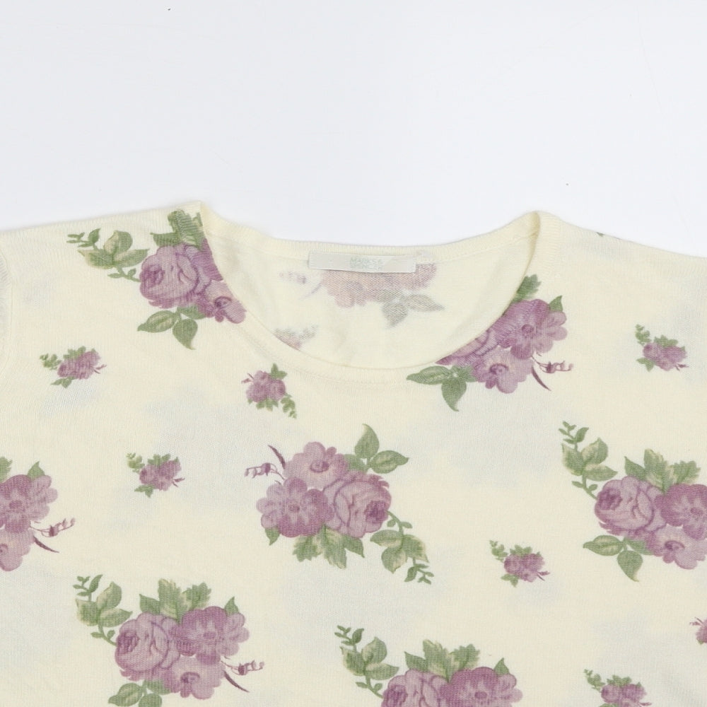 Marks and Spencer Womens Ivory Scoop Neck Floral Acrylic Pullover Jumper Size 16