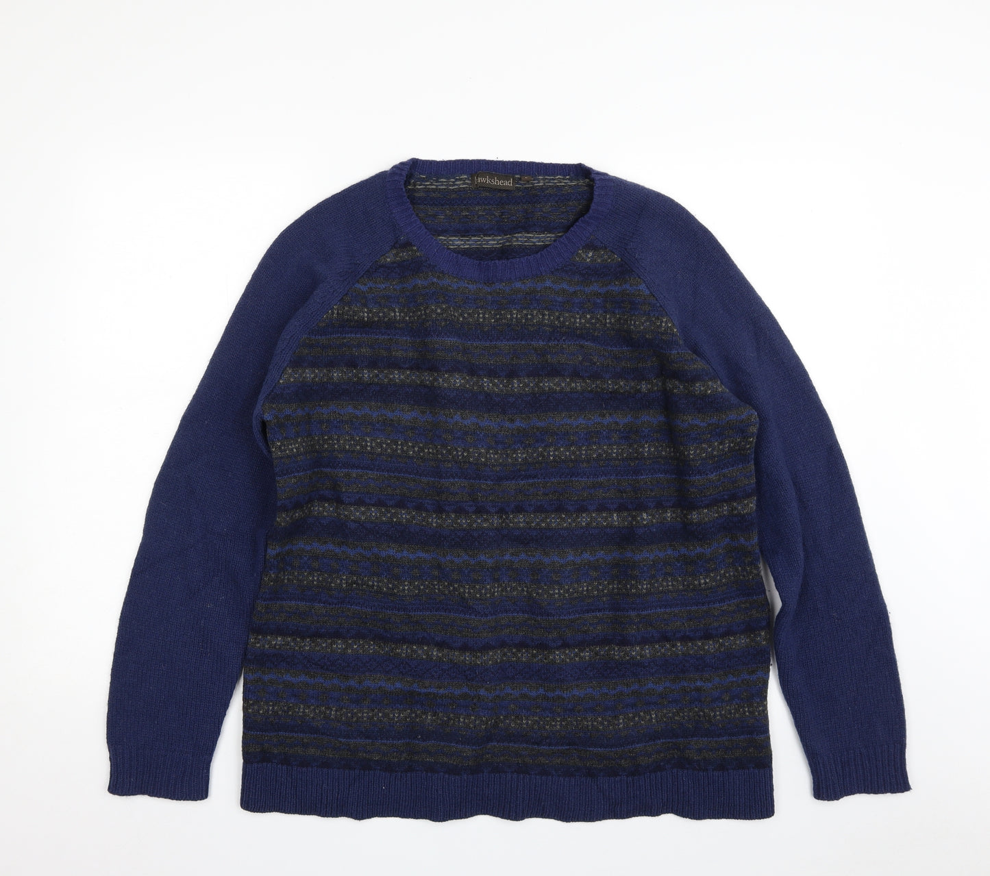 Hawkshead Mens Blue Crew Neck Striped Wool Pullover Jumper Size L