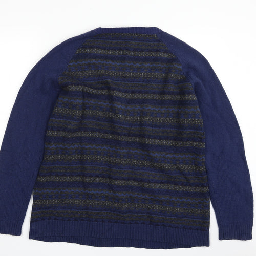 Hawkshead Mens Blue Crew Neck Striped Wool Pullover Jumper Size L