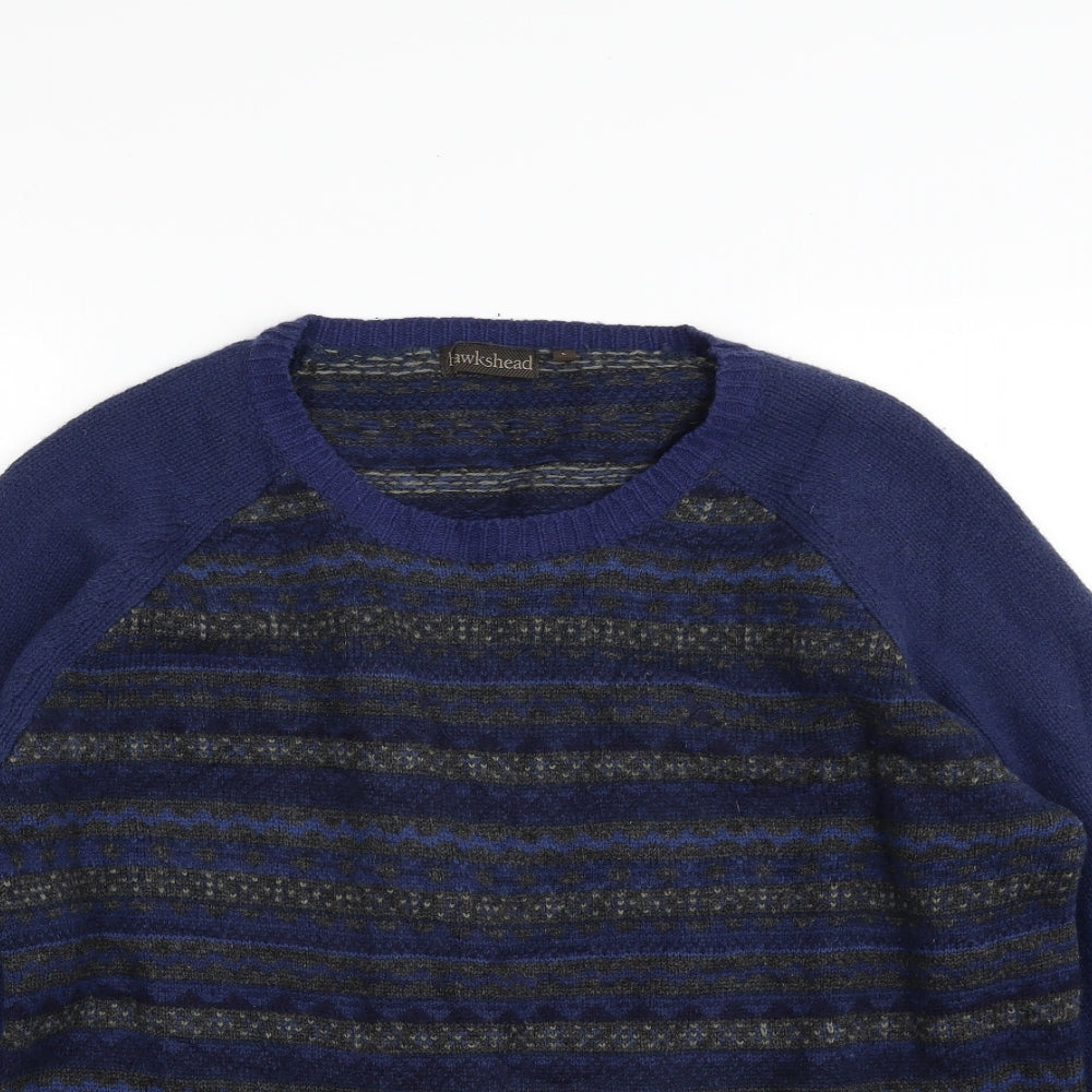 Hawkshead Mens Blue Crew Neck Striped Wool Pullover Jumper Size L