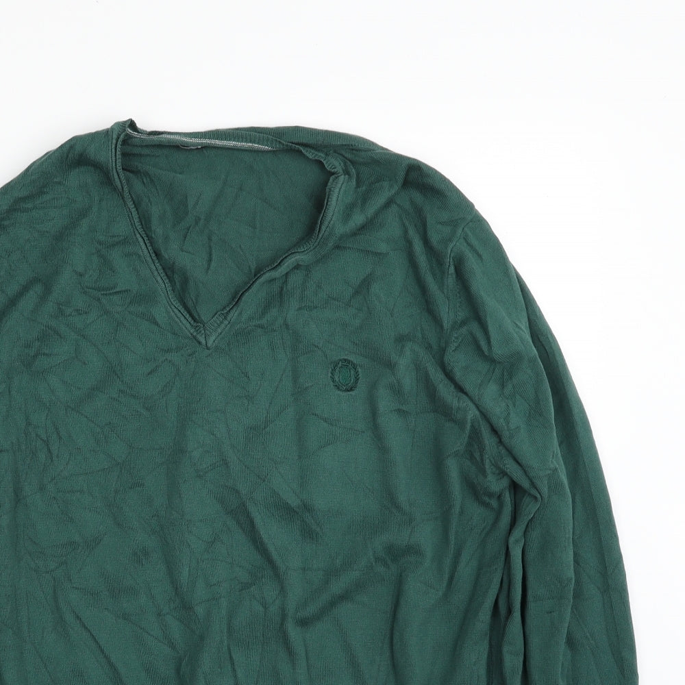 Zara Mens Green V-Neck  Cotton Pullover Jumper Size XL