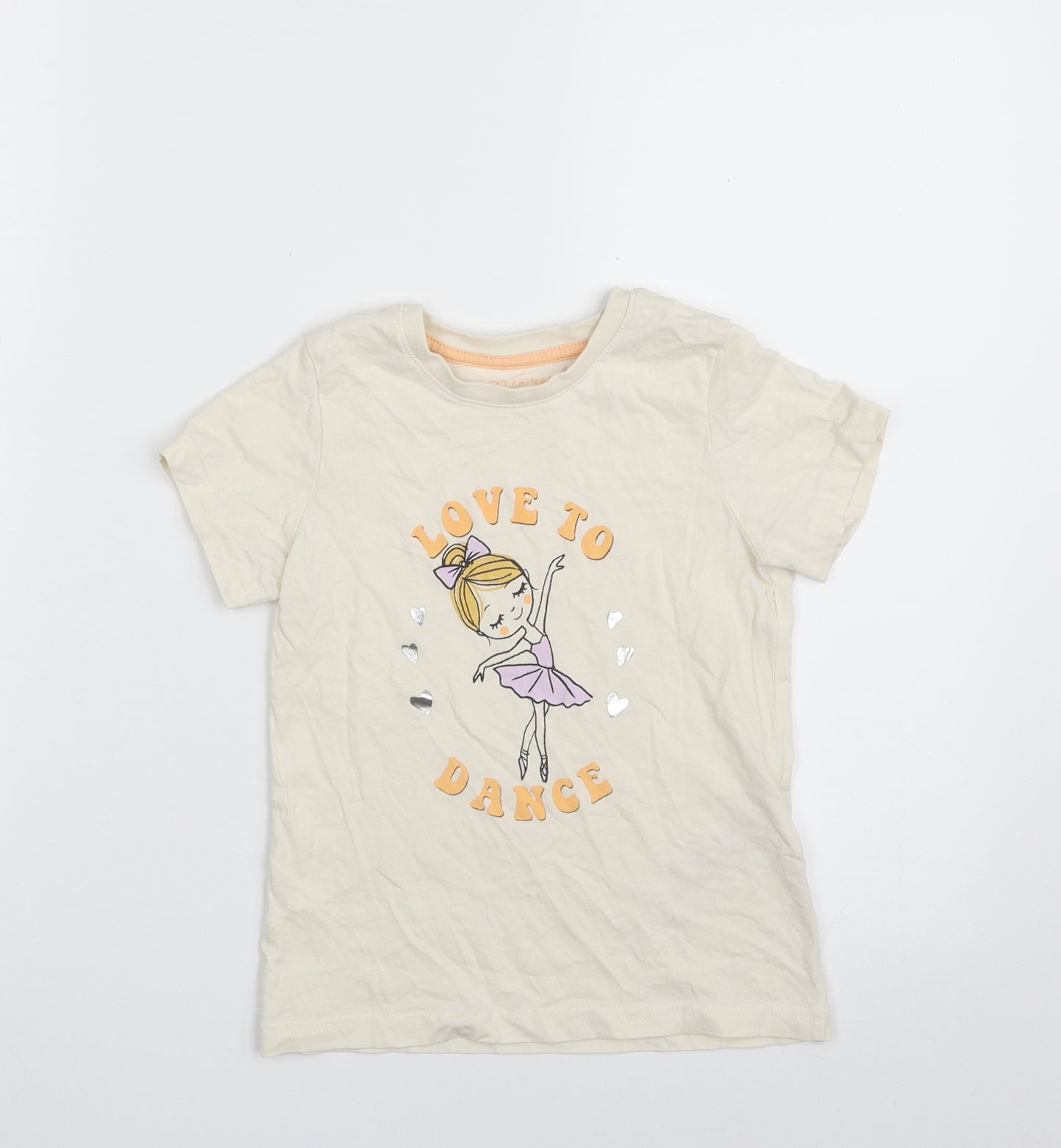 Primark Girls Beige  100% Cotton Pullover T-Shirt Size 6-7 Years Crew Neck Pullover - Love to Dance