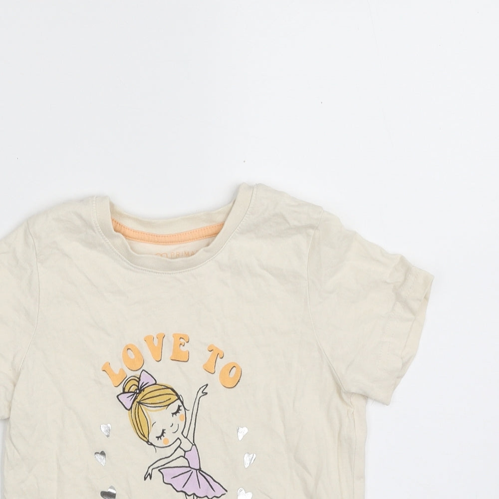 Primark Girls Beige  100% Cotton Pullover T-Shirt Size 6-7 Years Crew Neck Pullover - Love to Dance