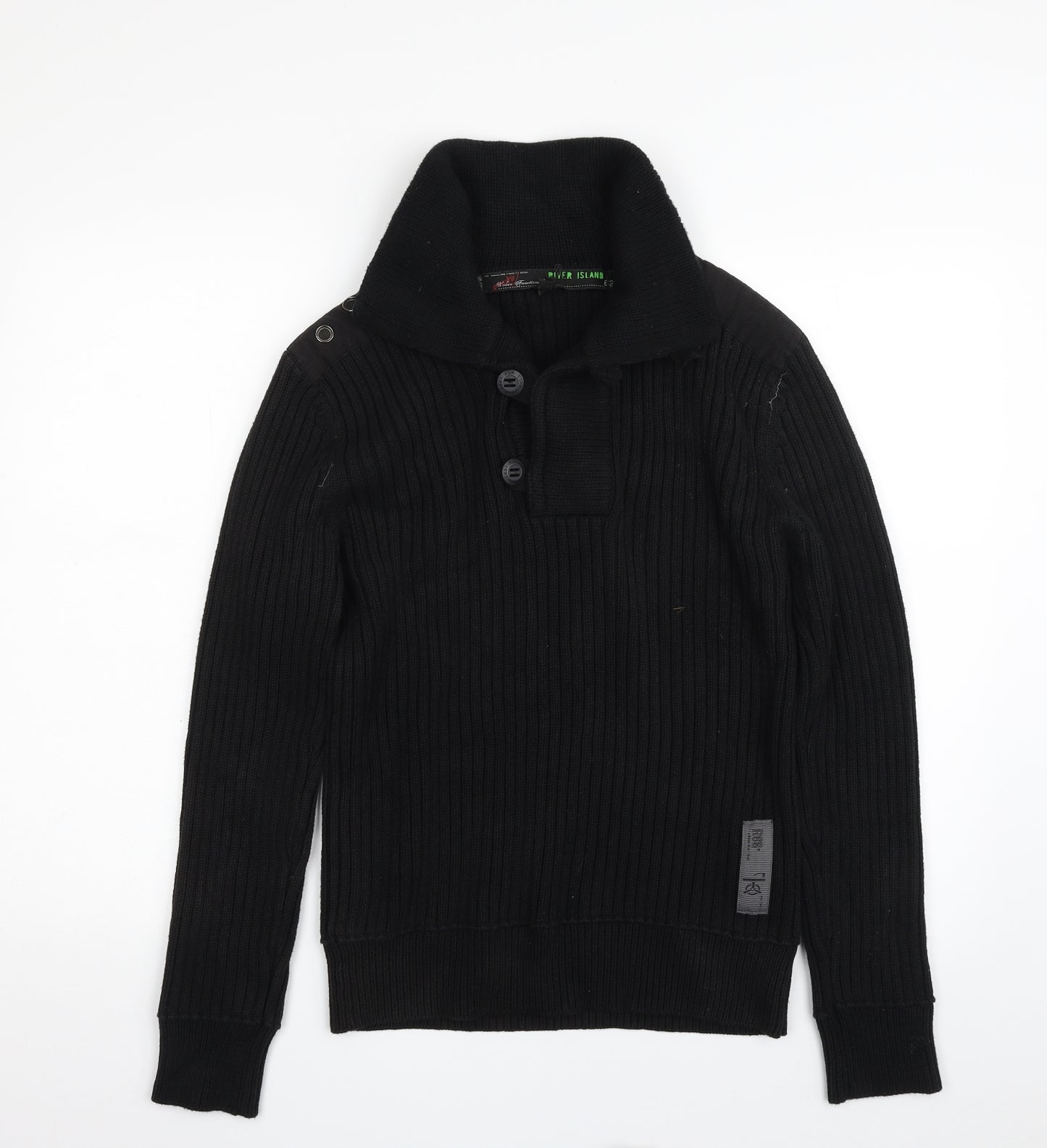 River Island Mens Black Collared  Cotton Pullover Jumper Size M