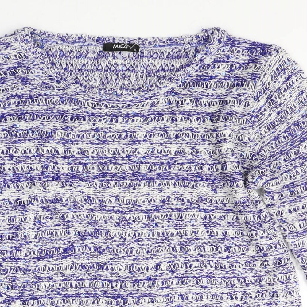 M&Co Womens Blue Round Neck Striped Acrylic Pullover Jumper Size 12