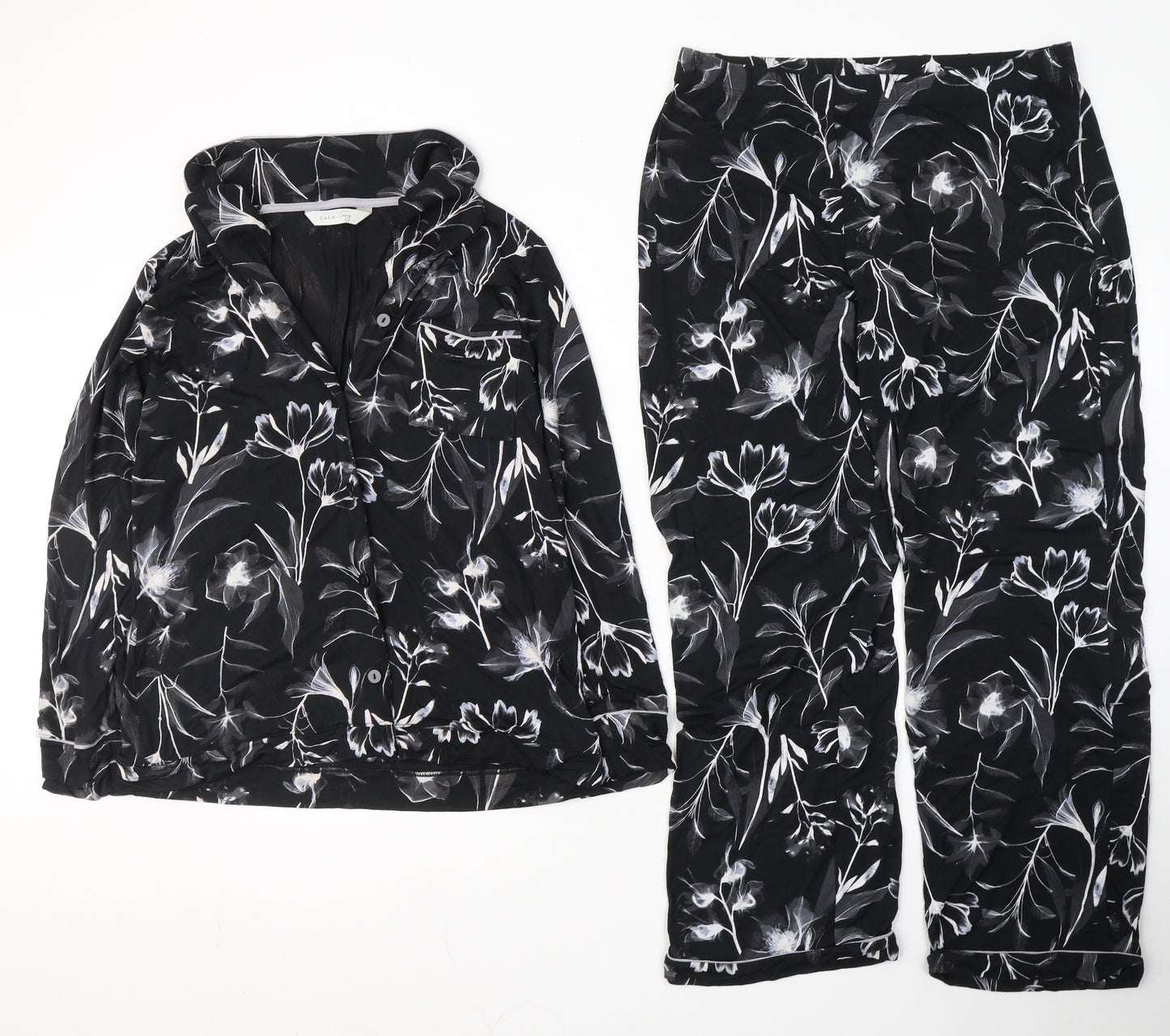 George Womens Black Floral Viscose Capri Pyjama Set Size 12  Button