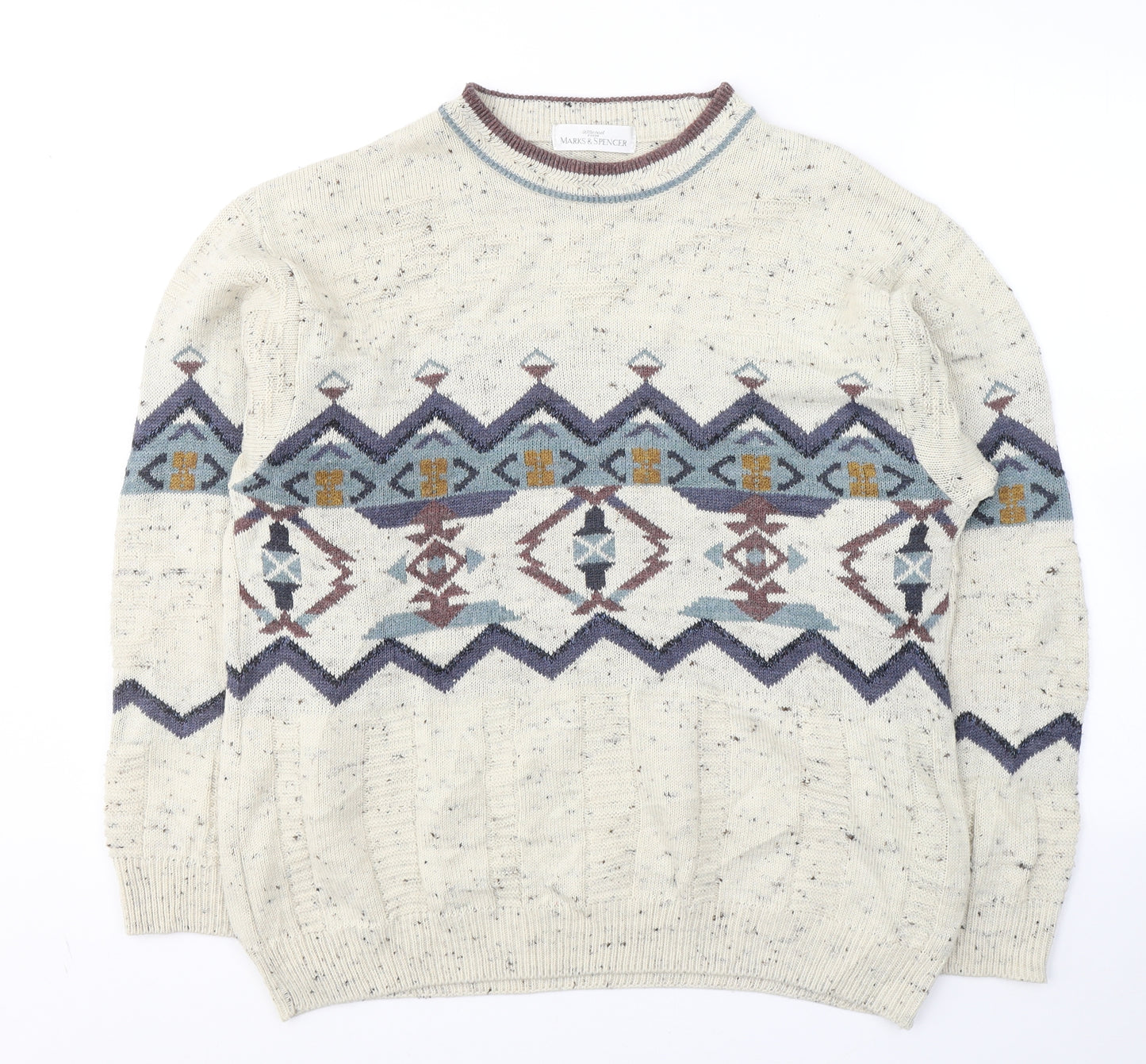 Marks and Spencer Mens Ivory Round Neck Geometric Acrylic Pullover Jumper Size M