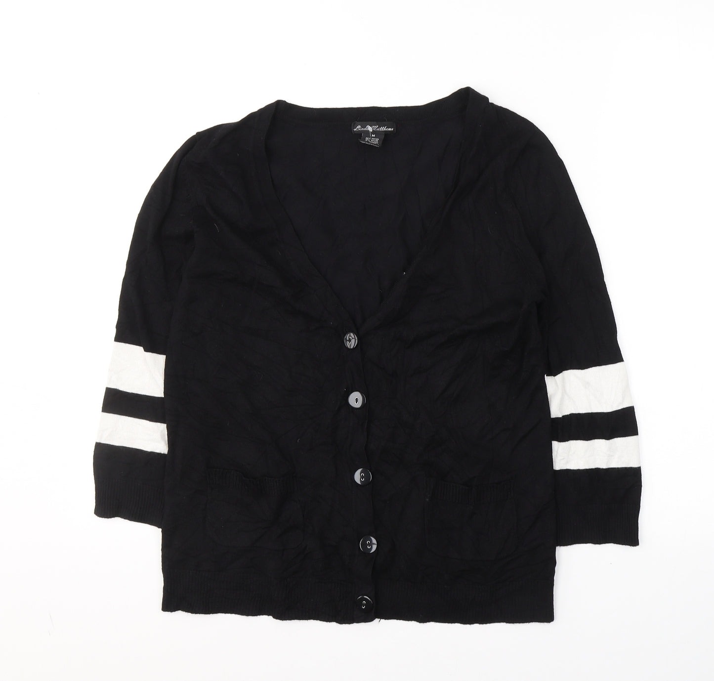 Linda Matthew Womens Black V-Neck Striped Acetate Cardigan Jumper Size M