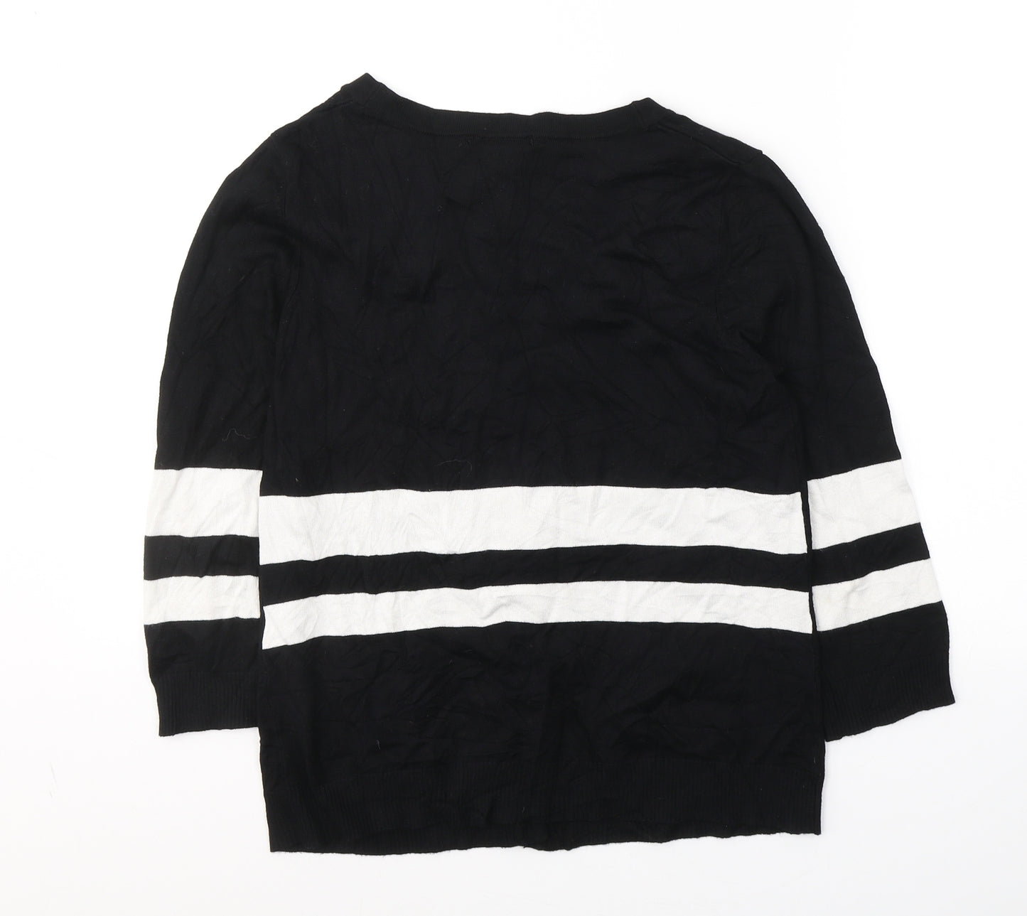 Linda Matthew Womens Black V-Neck Striped Acetate Cardigan Jumper Size M