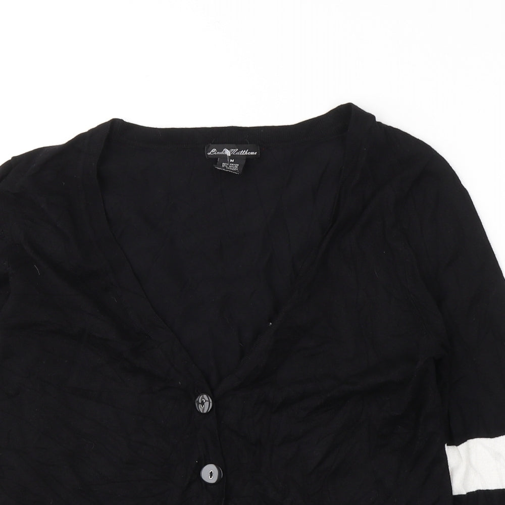 Linda Matthew Womens Black V-Neck Striped Acetate Cardigan Jumper Size M