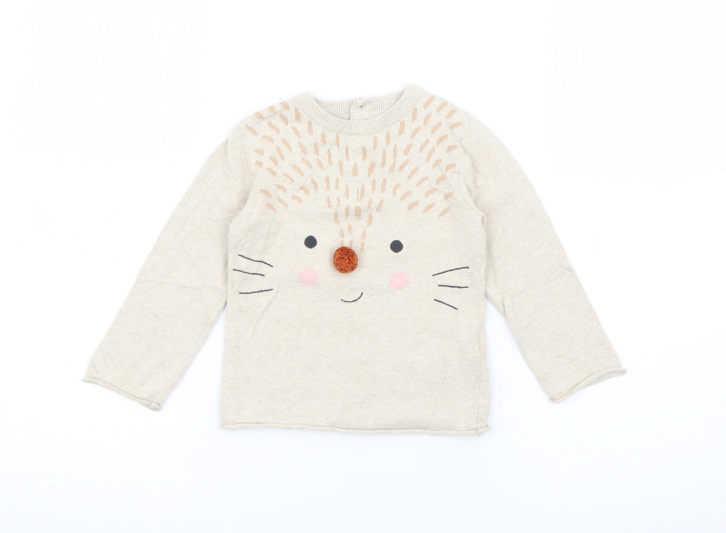 Marks and Spencer Baby Beige  Cotton Pullover Jumper Size 18-24 Months  Button - Hedgehog