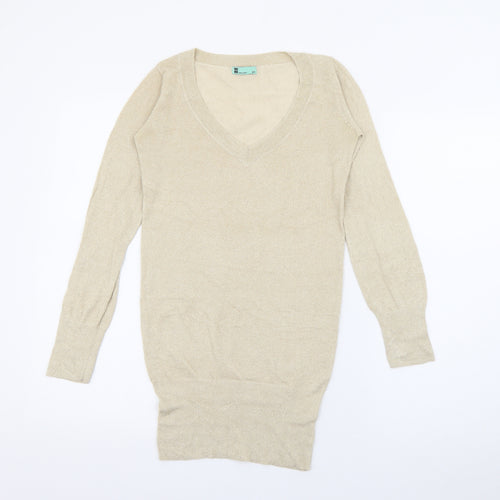 Miso Womens Gold V-Neck  Viscose Pullover Jumper Size XS