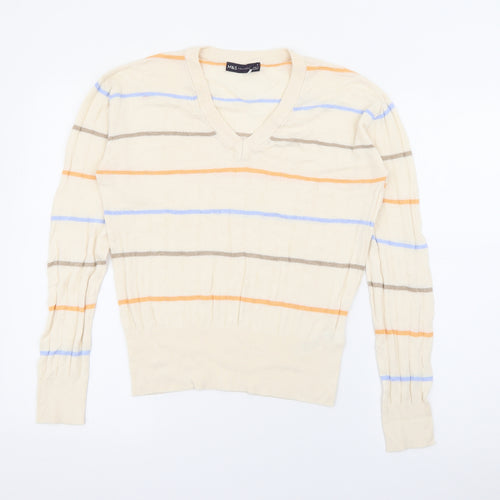 Marks and Spencer Womens Beige V-Neck Striped Viscose Pullover Jumper Size S