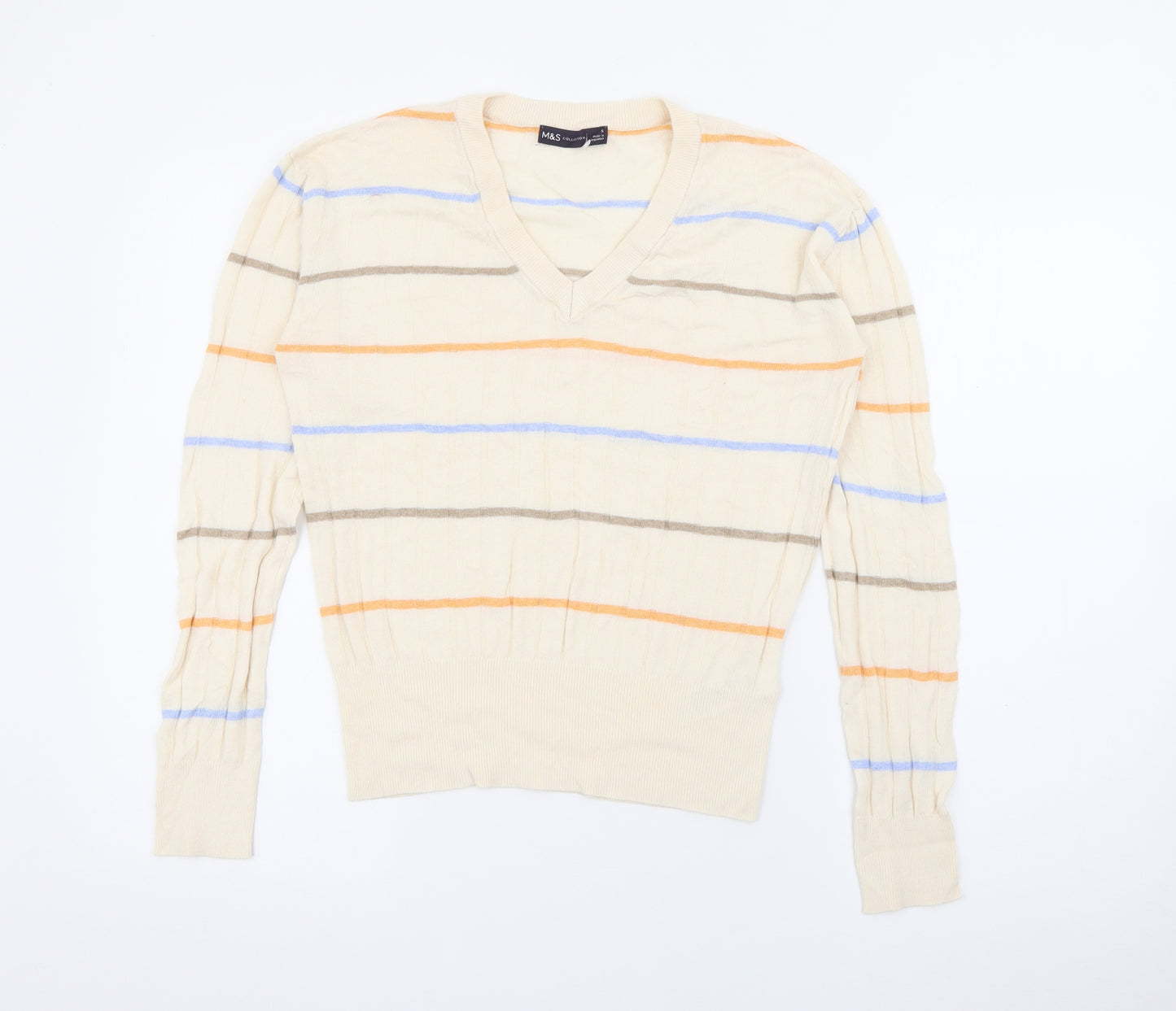 Marks and Spencer Womens Beige V-Neck Striped Viscose Pullover Jumper Size S